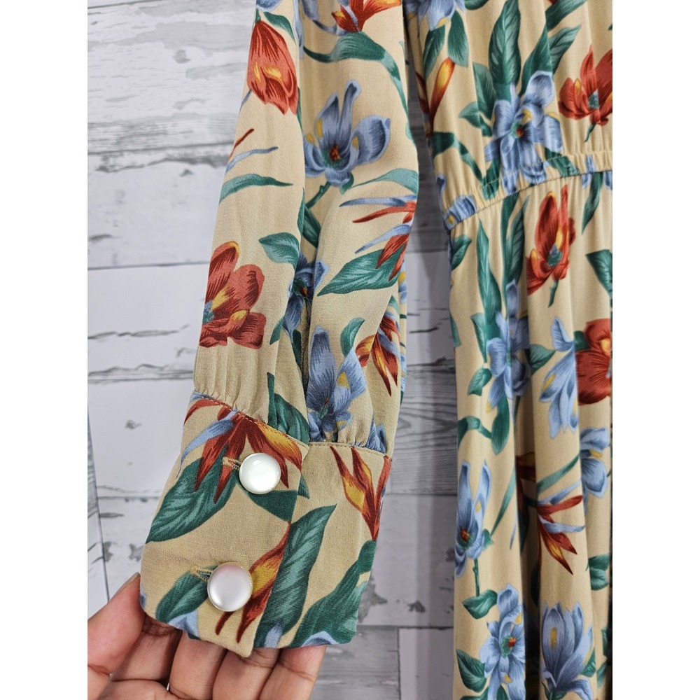 Liz Claiborne Vintage Floral Midi Dress Tan Blue Bird of Paradise Rayon Size 12 - Picture 3 of 8